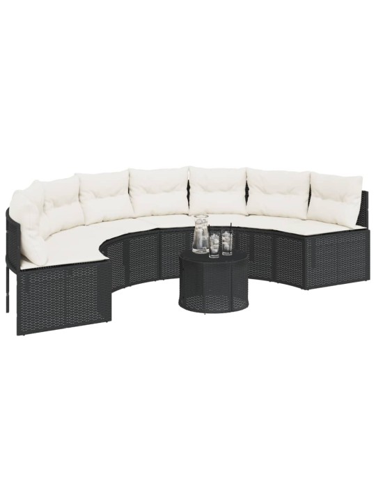 Sodo sofa su stalu/pagalvėlėmis, juoda, poliratanas, pusapvalė