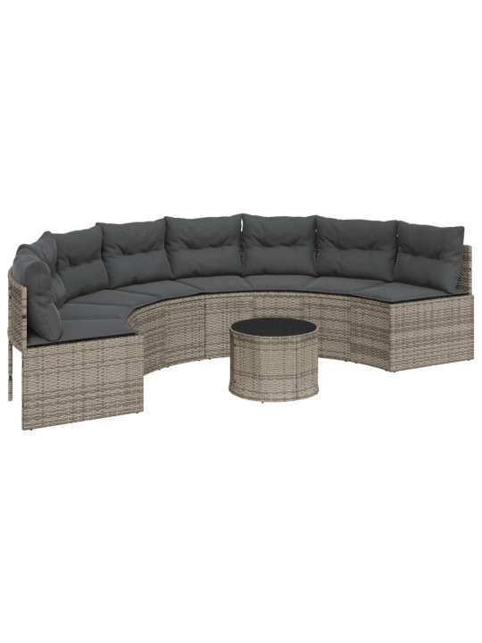 Sodo sofa su stalu/pagalvėlėmis, pilka, poliratanas, pusapvalė