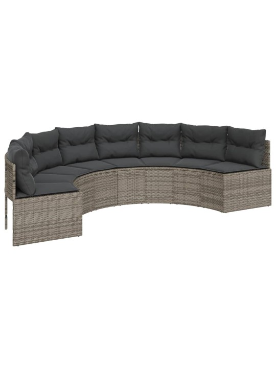 Sodo sofa su stalu/pagalvėlėmis, pilka, poliratanas, pusapvalė