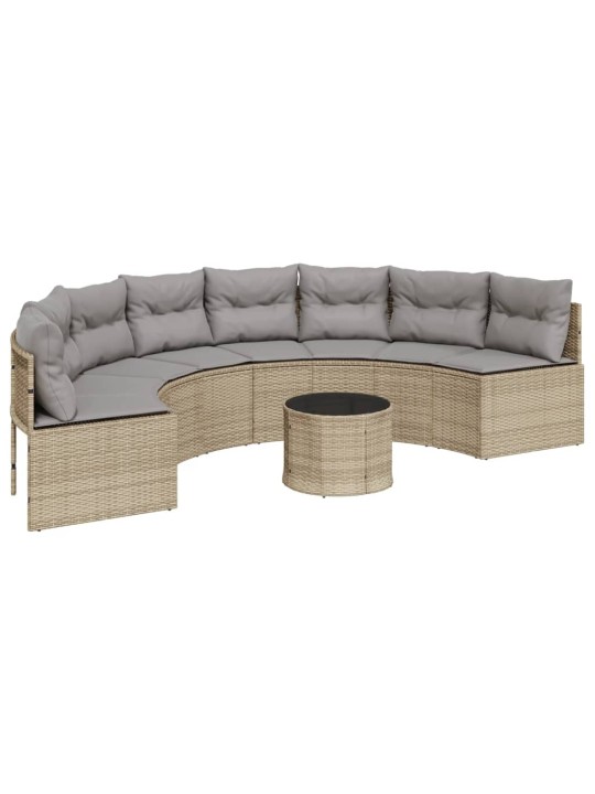 Sodo sofa su stalu/pagalvėlėmis, smėlio, poliratanas, pusapvalė