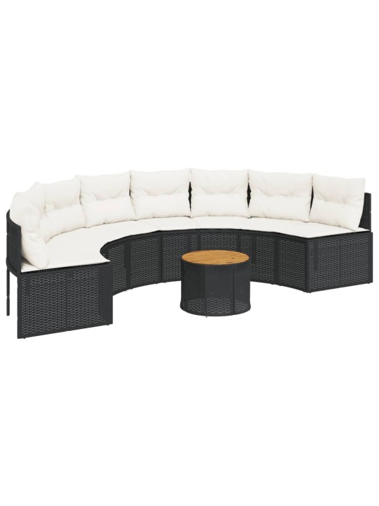 Sodo sofa su stalu/pagalvėlėmis, juoda, poliratanas, pusapvalė