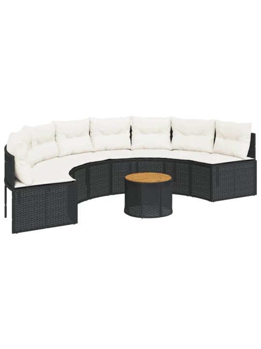 Sodo sofa su stalu/pagalvėlėmis, juoda, poliratanas, pusapvalė