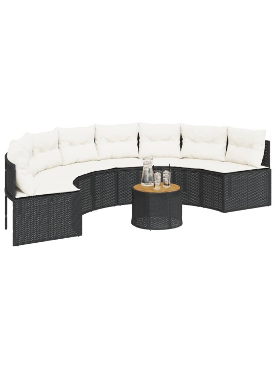 Sodo sofa su stalu/pagalvėlėmis, juoda, poliratanas, pusapvalė