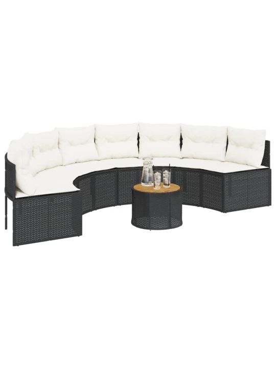 Sodo sofa su stalu/pagalvėlėmis, juoda, poliratanas, pusapvalė