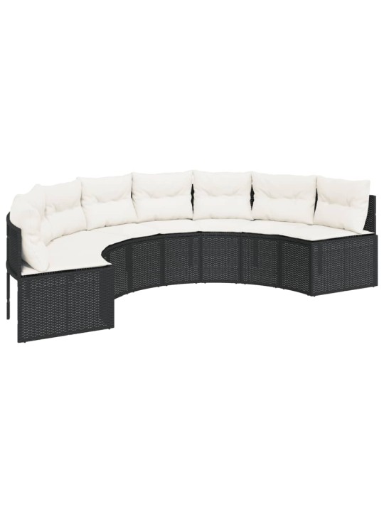 Sodo sofa su stalu/pagalvėlėmis, juoda, poliratanas, pusapvalė