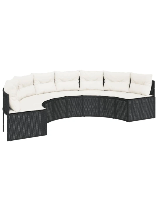 Sodo sofa su stalu/pagalvėlėmis, juoda, poliratanas, pusapvalė