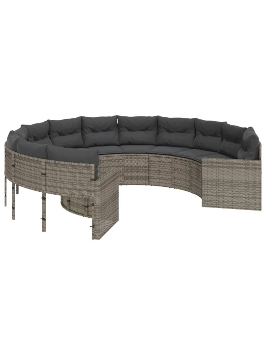 Sodo sofa su pagalvėlėmis, pilkos spalvos, poliratanas, apvali