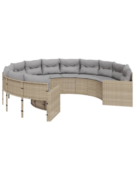 Sodo sofa su pagalvėlėmis, smėlio spalvos, poliratanas, apvali