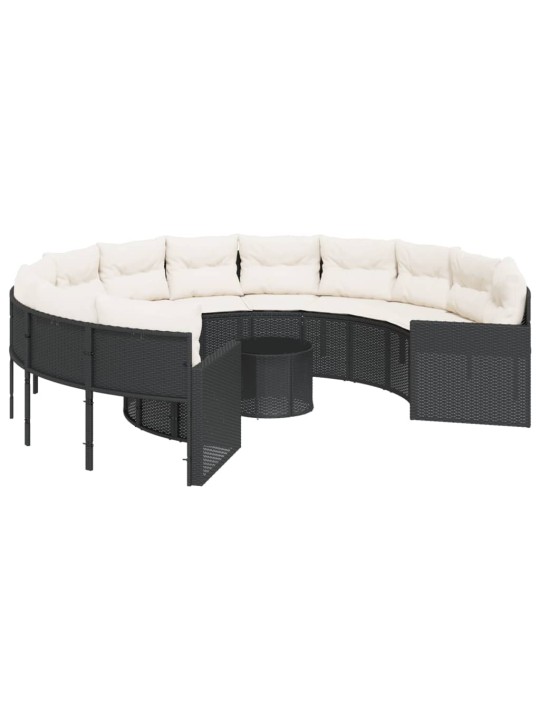 Sodo sofa su stalu/pagalvėlėmis, juoda, poliratanas, apvali