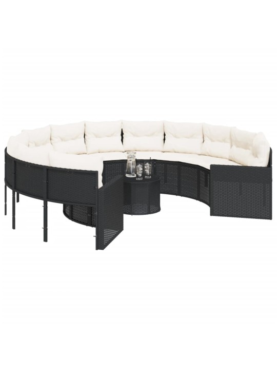 Sodo sofa su stalu/pagalvėlėmis, juoda, poliratanas, apvali
