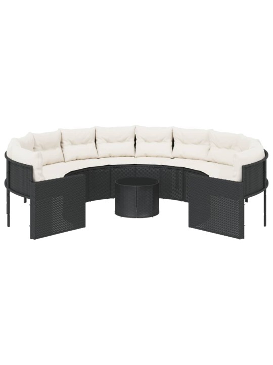 Sodo sofa su stalu/pagalvėlėmis, juoda, poliratanas, apvali
