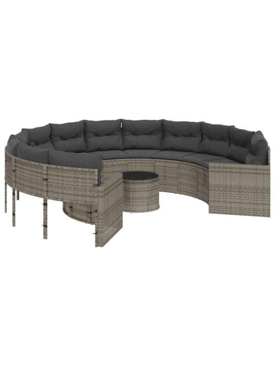 Sodo sofa su stalu/pagalvėlėmis, pilka, poliratanas, apvali