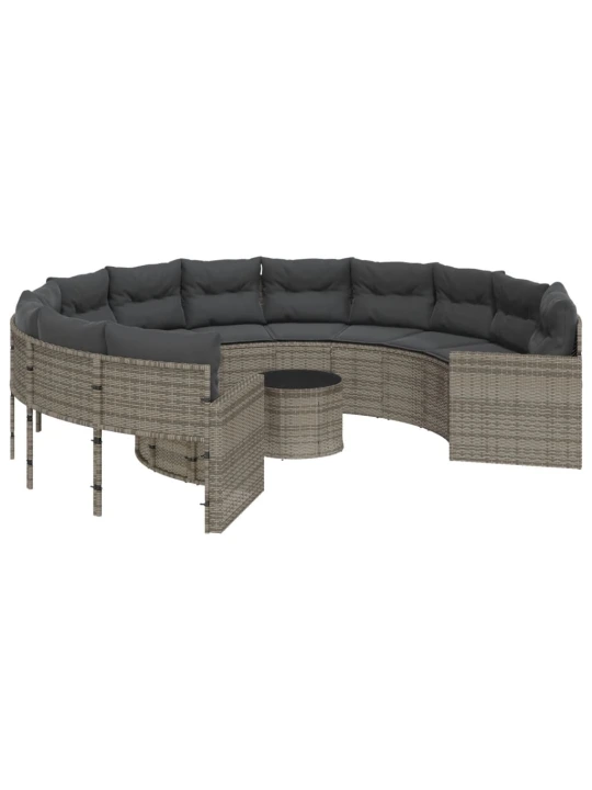 Sodo sofa su stalu/pagalvėlėmis, pilka, poliratanas, apvali