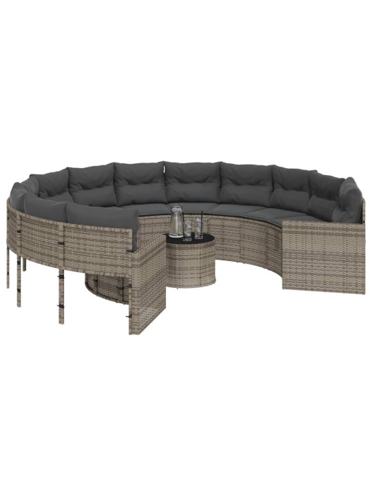 Sodo sofa su stalu/pagalvėlėmis, pilka, poliratanas, apvali