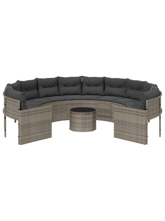 Sodo sofa su stalu/pagalvėlėmis, pilka, poliratanas, apvali