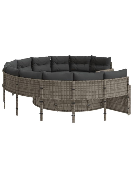 Sodo sofa su stalu/pagalvėlėmis, pilka, poliratanas, apvali