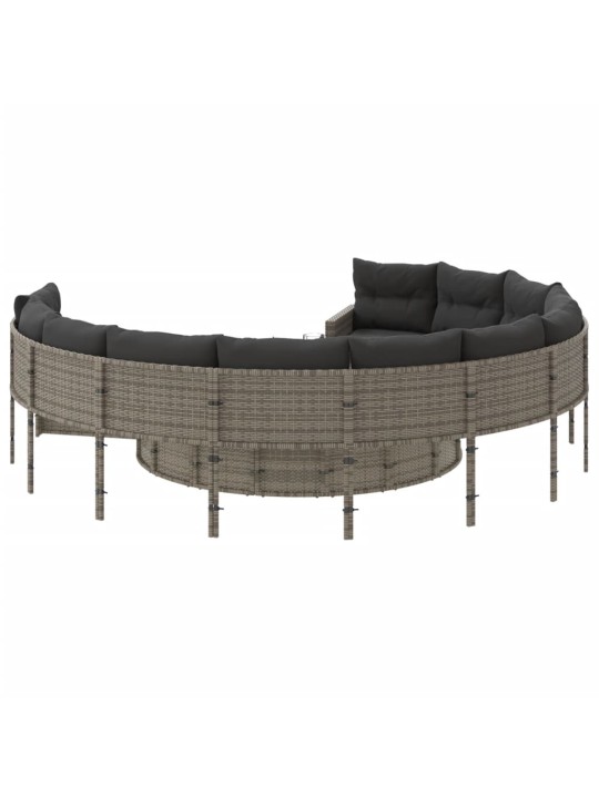Sodo sofa su stalu/pagalvėlėmis, pilka, poliratanas, apvali
