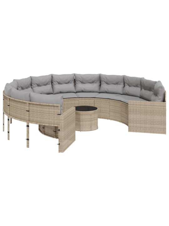 Sodo sofa su stalu/pagalvėlėmis, smėlio, poliratanas, apvali