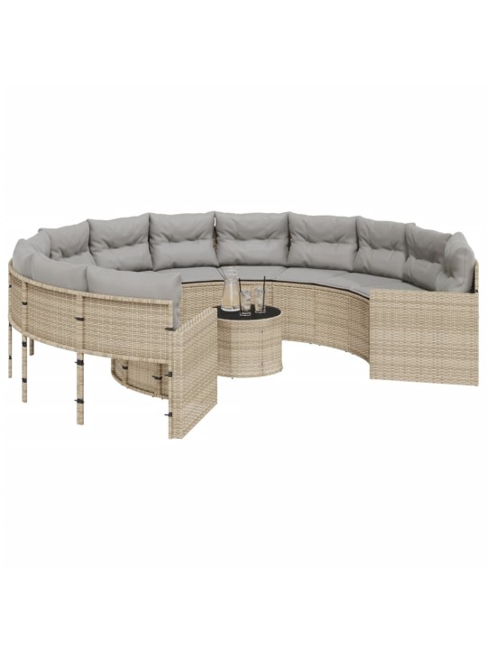 Sodo sofa su stalu/pagalvėlėmis, smėlio, poliratanas, apvali