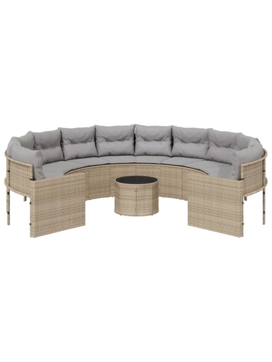 Sodo sofa su stalu/pagalvėlėmis, smėlio, poliratanas, apvali