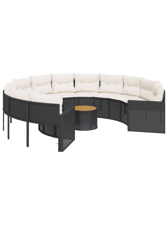 Sodo sofa su stalu/pagalvėlėmis, juoda, poliratanas, apvali