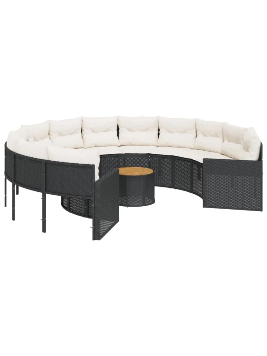 Sodo sofa su stalu/pagalvėlėmis, juoda, poliratanas, apvali