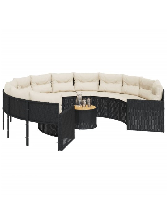 Sodo sofa su stalu/pagalvėlėmis, juoda, poliratanas, apvali