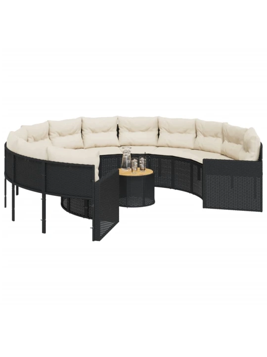 Sodo sofa su stalu/pagalvėlėmis, juoda, poliratanas, apvali