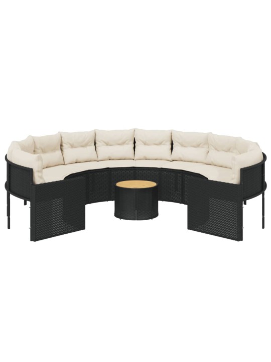 Sodo sofa su stalu/pagalvėlėmis, juoda, poliratanas, apvali