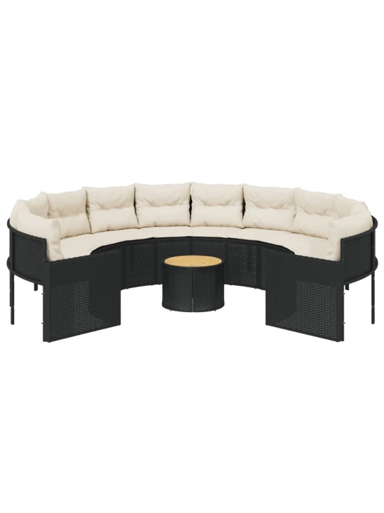 Sodo sofa su stalu/pagalvėlėmis, juoda, poliratanas, apvali
