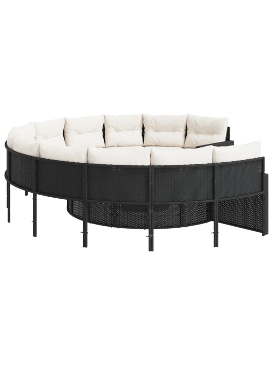 Sodo sofa su stalu/pagalvėlėmis, juoda, poliratanas, apvali