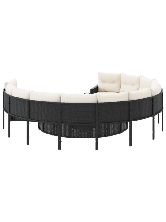 Sodo sofa su stalu/pagalvėlėmis, juoda, poliratanas, apvali