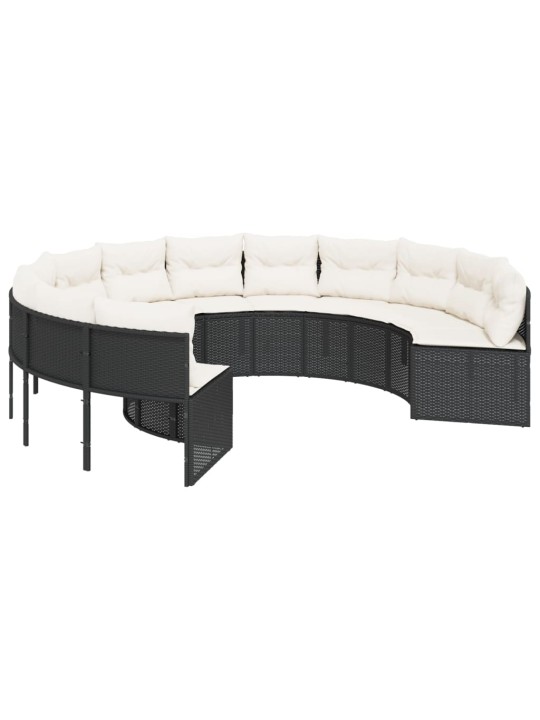 Sodo sofa su pagalvėlėmis, juodos spalvos, poliratanas, apvali