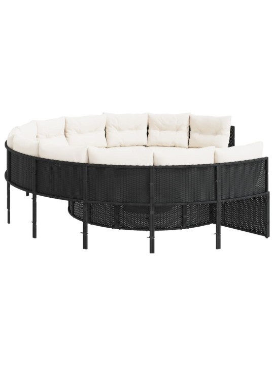 Sodo sofa su pagalvėlėmis, juodos spalvos, poliratanas, apvali