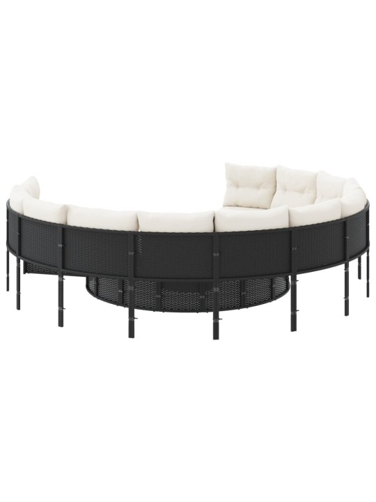 Sodo sofa su pagalvėlėmis, juodos spalvos, poliratanas, apvali