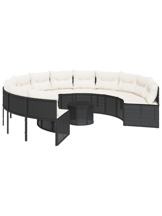 Sodo sofa su stalu/pagalvėlėmis, juoda, poliratanas, apvali
