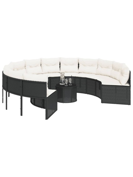 Sodo sofa su stalu/pagalvėlėmis, juoda, poliratanas, apvali