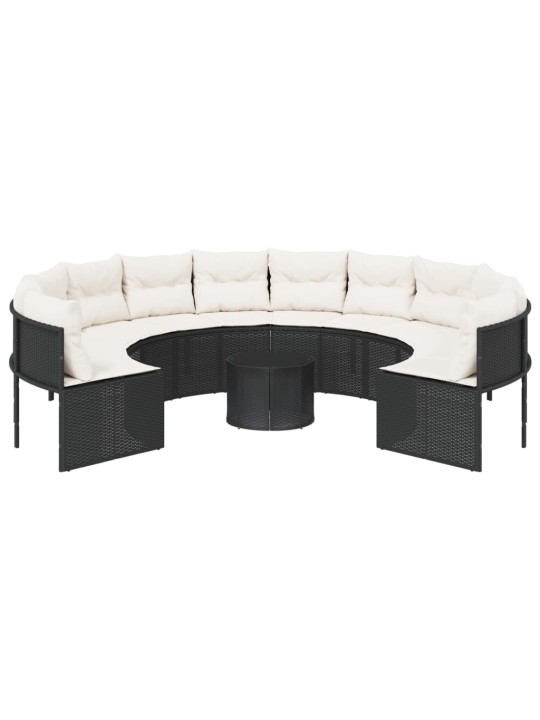 Sodo sofa su stalu/pagalvėlėmis, juoda, poliratanas, apvali