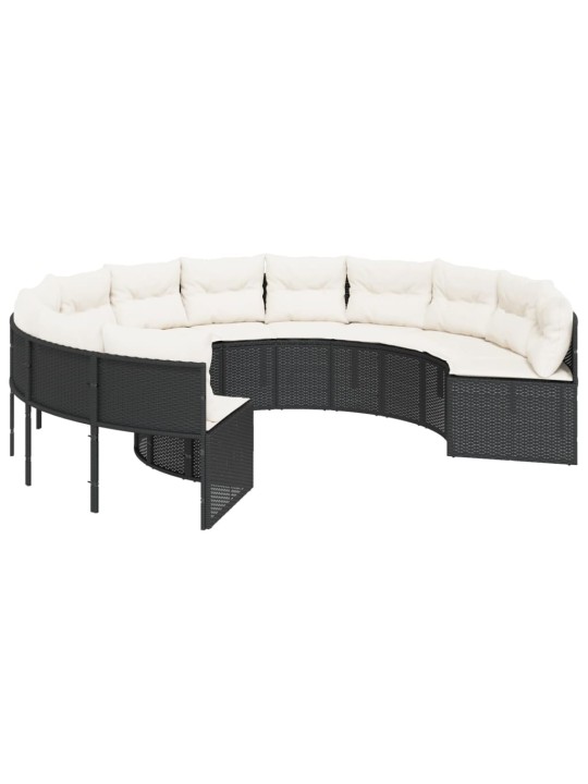 Sodo sofa su stalu/pagalvėlėmis, juoda, poliratanas, apvali