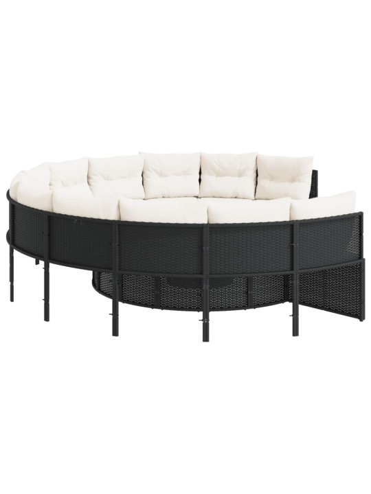 Sodo sofa su stalu/pagalvėlėmis, juoda, poliratanas, apvali