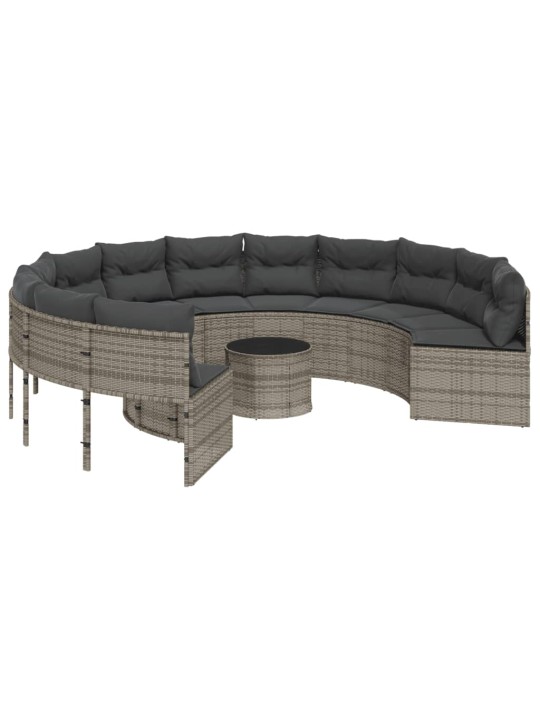 Sodo sofa su stalu/pagalvėlėmis, pilka, poliratanas, apvali