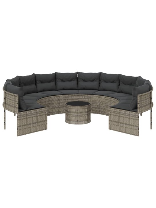 Sodo sofa su stalu/pagalvėlėmis, pilka, poliratanas, apvali