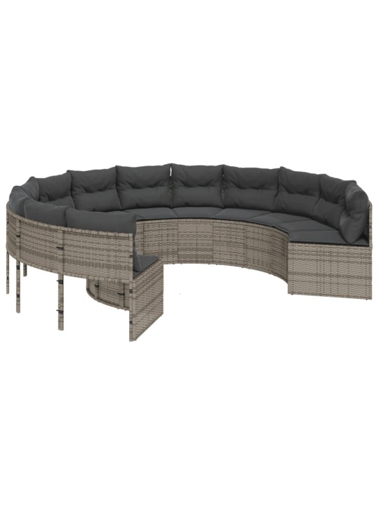 Sodo sofa su stalu/pagalvėlėmis, pilka, poliratanas, apvali