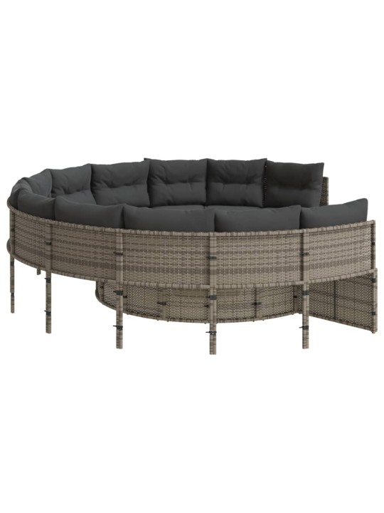 Sodo sofa su stalu/pagalvėlėmis, pilka, poliratanas, apvali