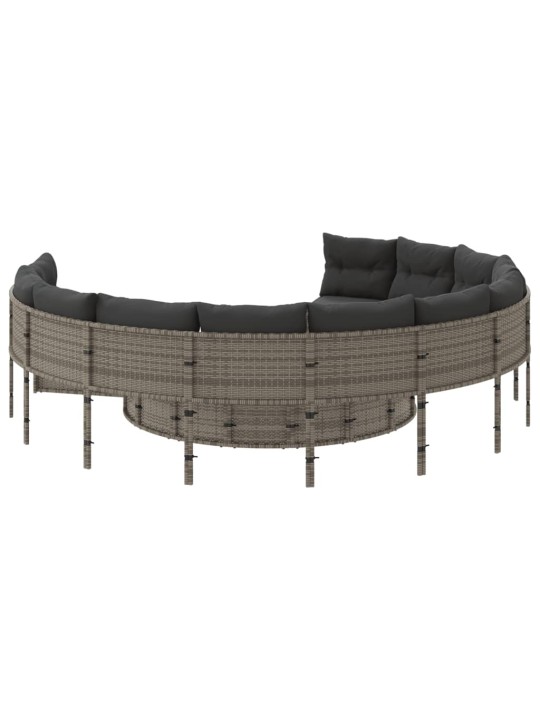 Sodo sofa su stalu/pagalvėlėmis, pilka, poliratanas, apvali