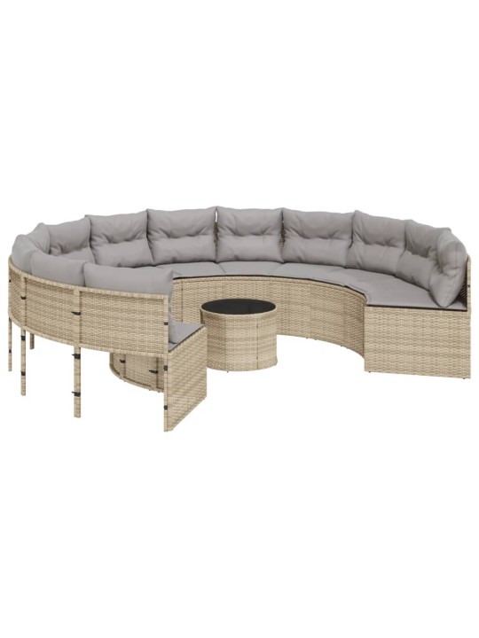 Sodo sofa su stalu/pagalvėlėmis, smėlio, poliratanas, apvali