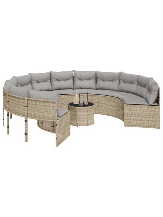 Sodo sofa su stalu/pagalvėlėmis, smėlio, poliratanas, apvali