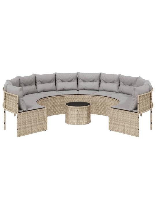 Sodo sofa su stalu/pagalvėlėmis, smėlio, poliratanas, apvali