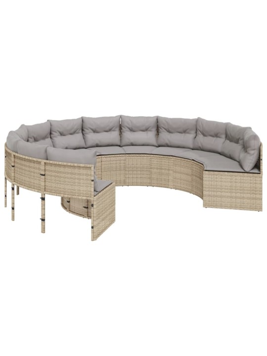 Sodo sofa su stalu/pagalvėlėmis, smėlio, poliratanas, apvali