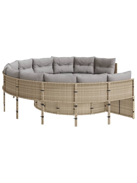 Sodo sofa su stalu/pagalvėlėmis, smėlio, poliratanas, apvali